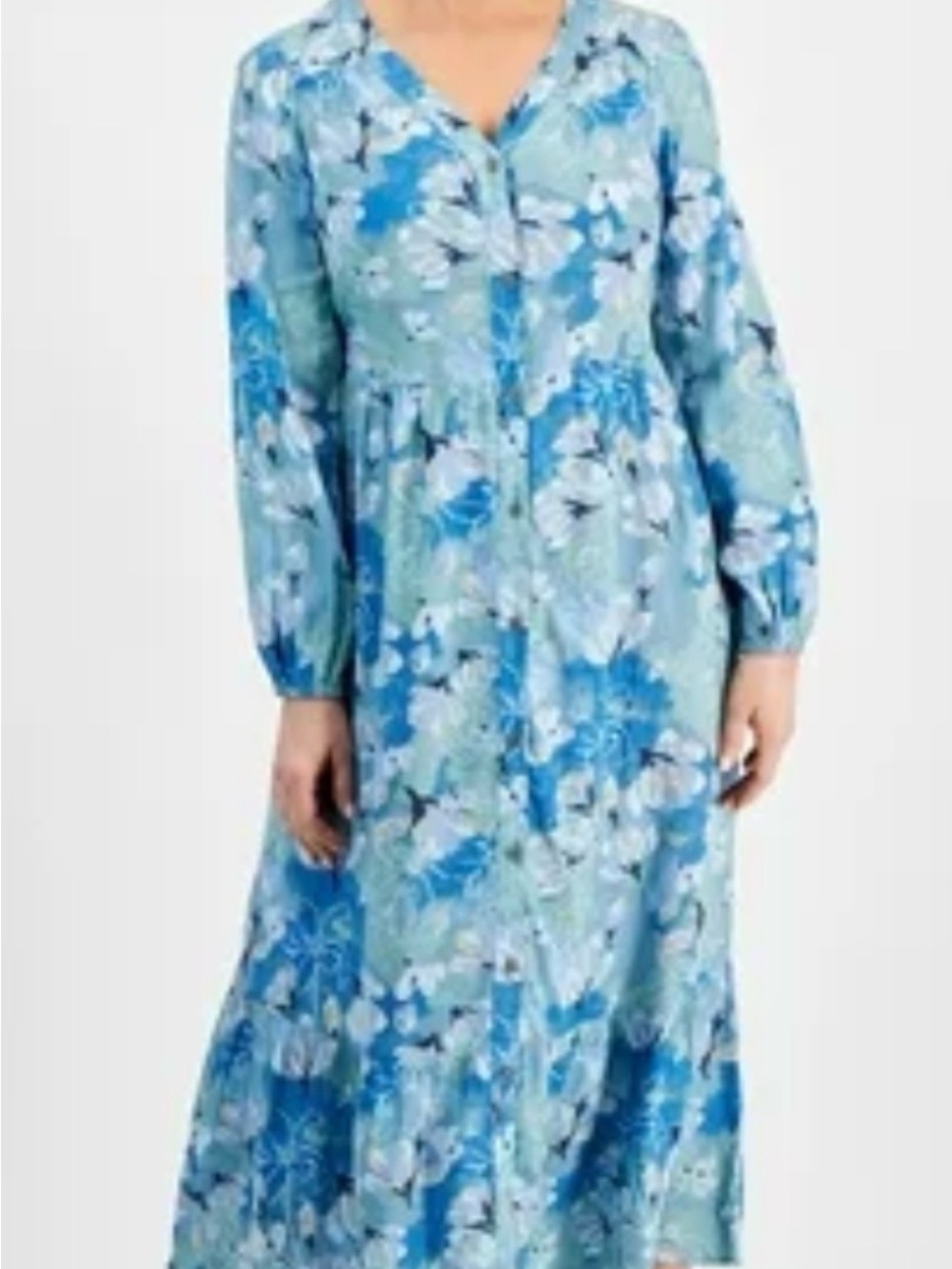 Style & Co. Blue and Green Floral V-Neck Button-Front Maxi Dress